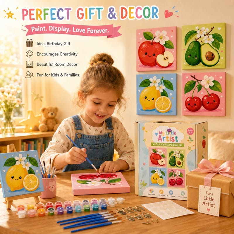 Fruit pre-printed canvas painting kit for kids stitching detail