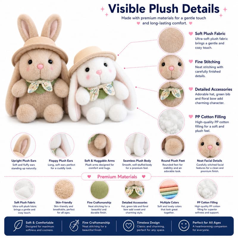 Garden hat bunny plush doll pair for custom retail and oem plush collections size reference