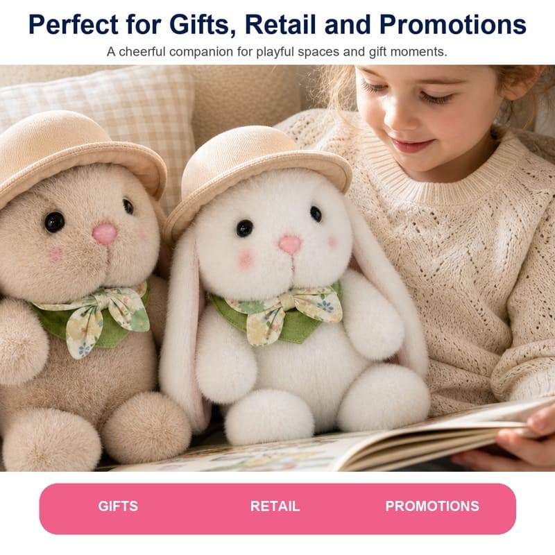 Garden hat bunny plush doll pair for custom retail and oem plush collections stitching detail