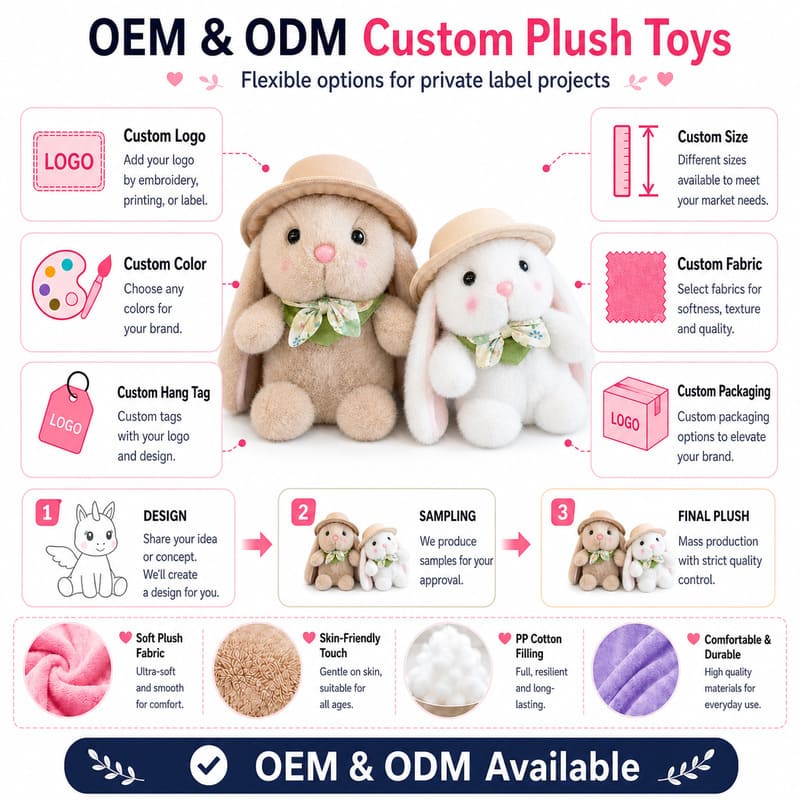 Garden hat bunny plush doll pair for custom retail and oem plush collections embroidered detail