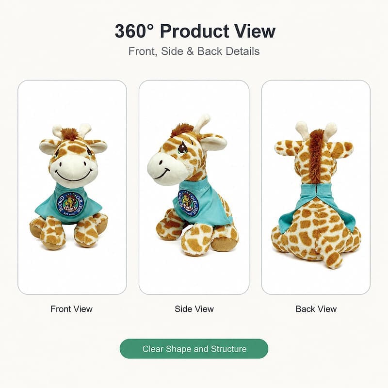 Giraffe plush toy front side back view