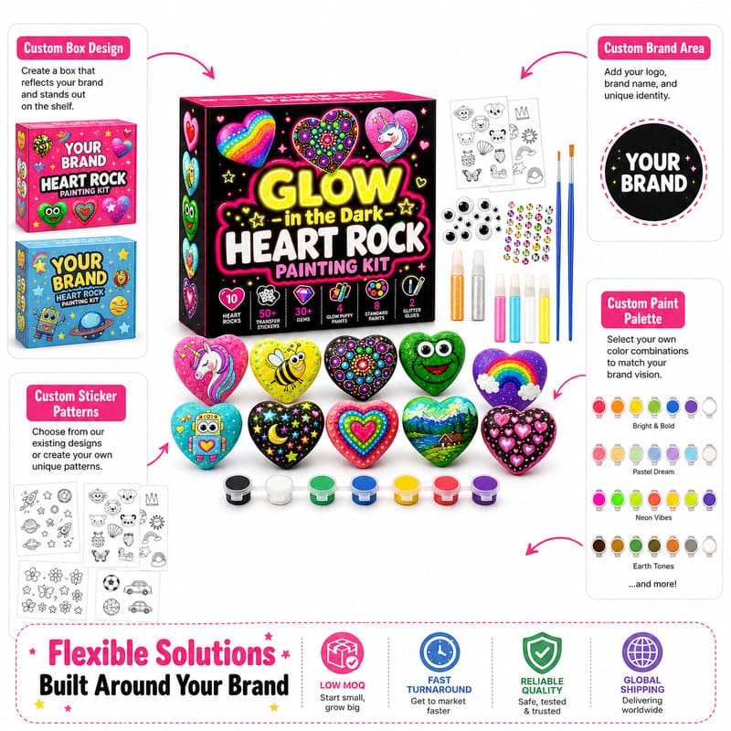 Glow-in-the-dark heart rock painting kit – wholesale oem/odm kids craft set size reference