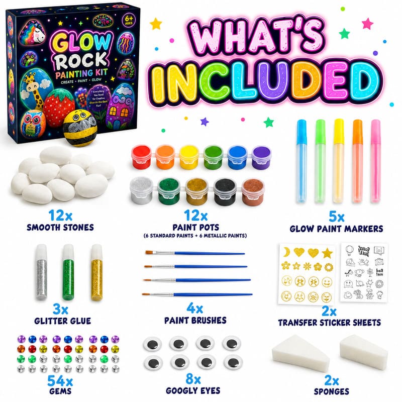 Glow-in-the-dark rock painting kit with glitter – wholesale oem/odm kids craft set front side back view