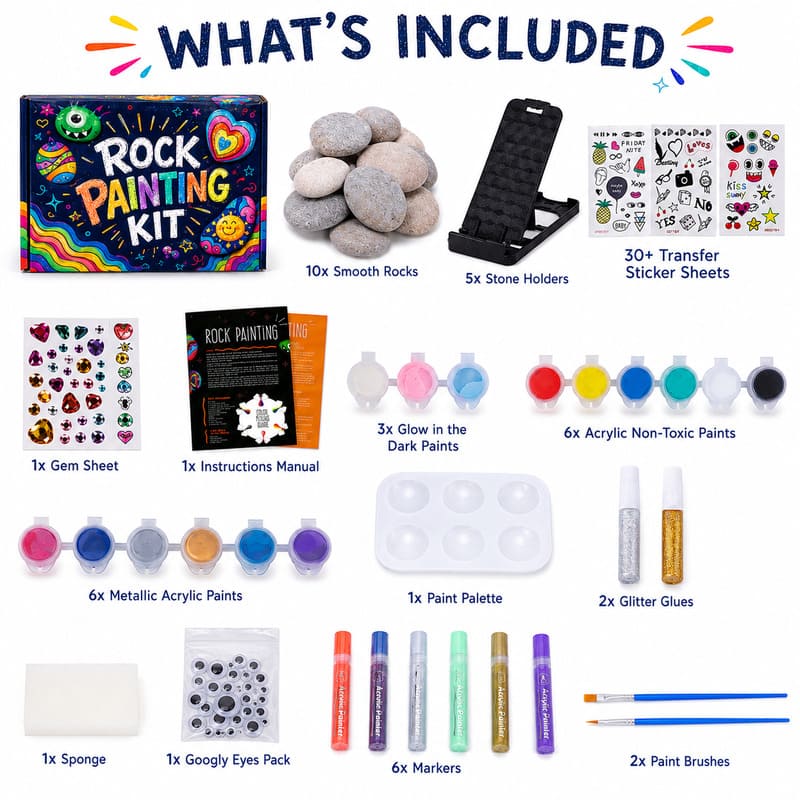Glow-in-the-dark rock painting kit with paint pens – wholesale oem/odm kids craft set front side back view