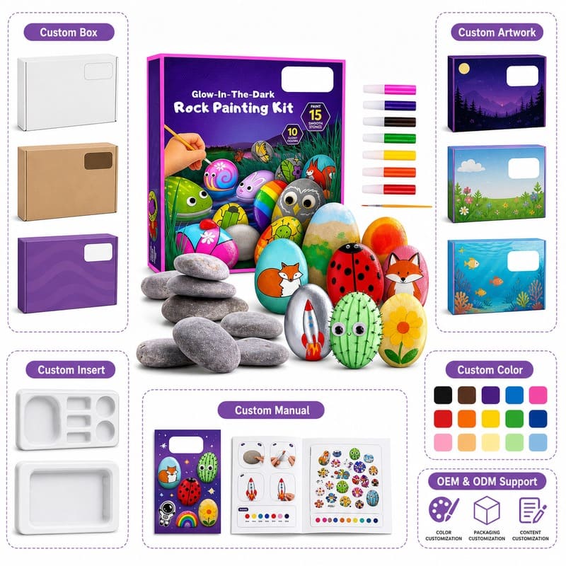 Glow-in-the-dark rock painting kit with pens – wholesale oem/odm kids craft set front side back view