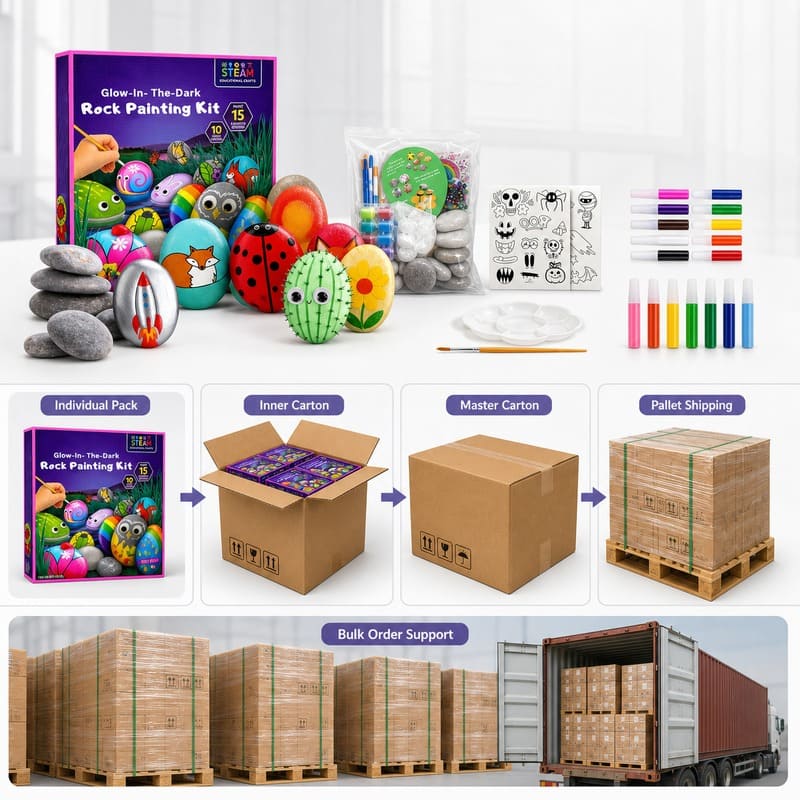 Glow-in-the-dark rock painting kit with pens – wholesale oem/odm kids craft set size reference