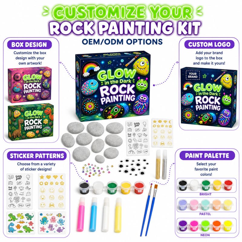 Glow-in-the-dark rock painting kit with stickers – wholesale oem/odm kids craft set size reference