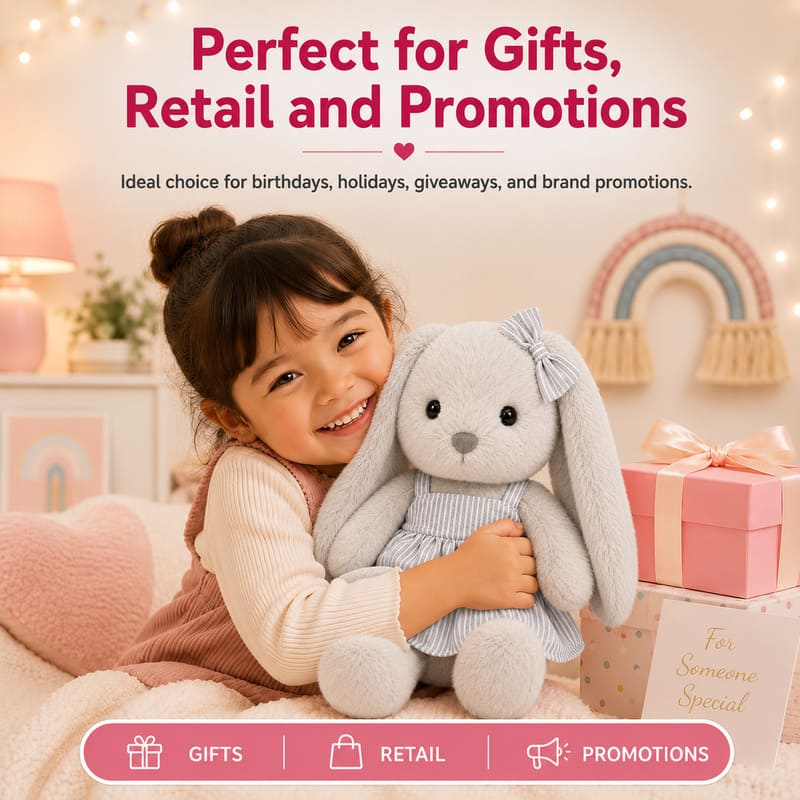 Gray bow bunny plush doll for custom retail and oem plush collections stitching detail