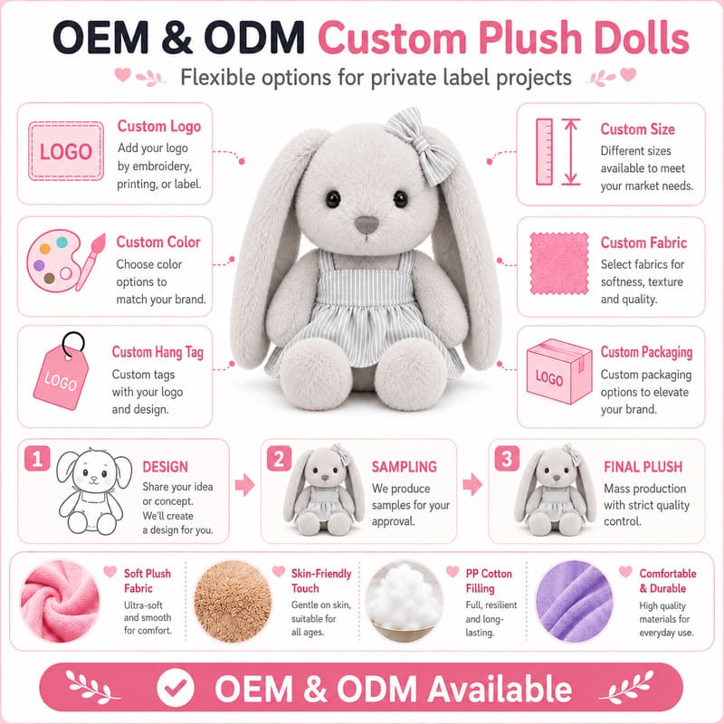 Gray bow bunny plush doll for custom retail and oem plush collections embroidered detail