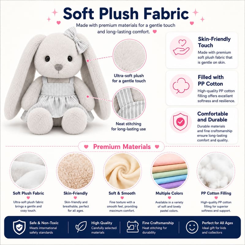 Gray bow bunny plush doll for custom retail and oem plush collections size reference