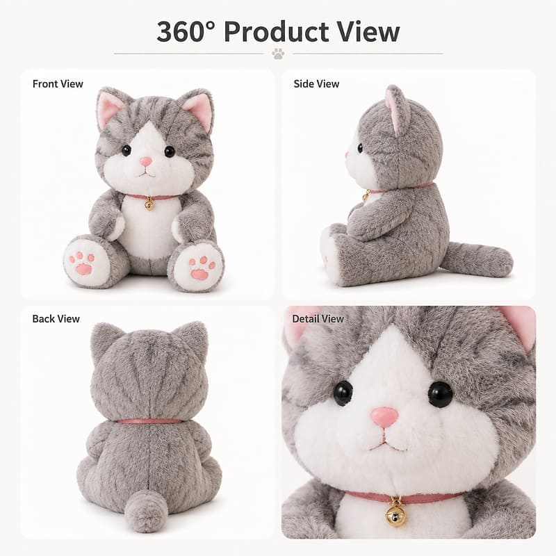 Gray cat plush toy front side back view