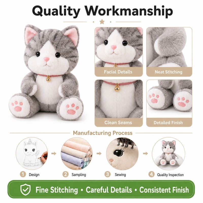 Gray cat plush toy embroidered detail