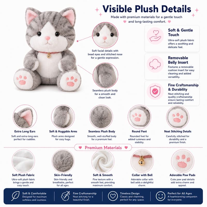 Gray cat plush toy size reference