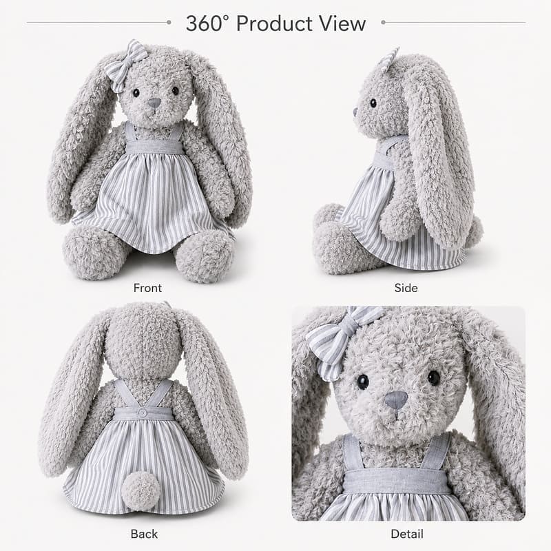 Gray long ear bunny plush doll for custom retail and oem plush collections front side back view