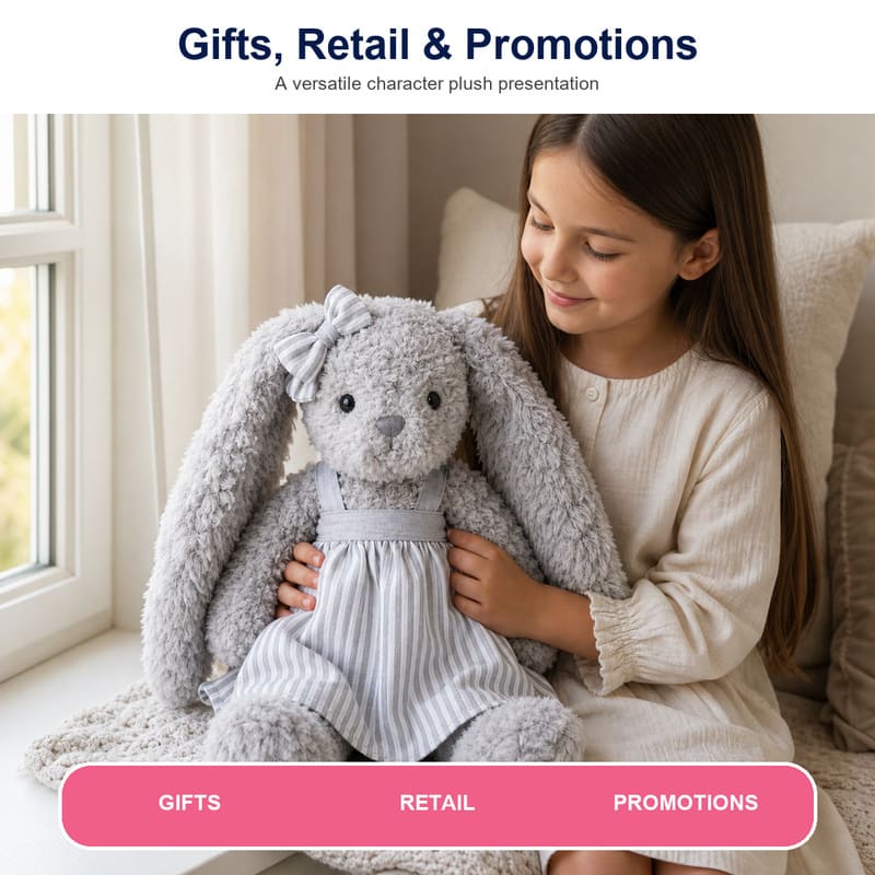 Gray long ear bunny plush doll for custom retail and oem plush collections stitching detail