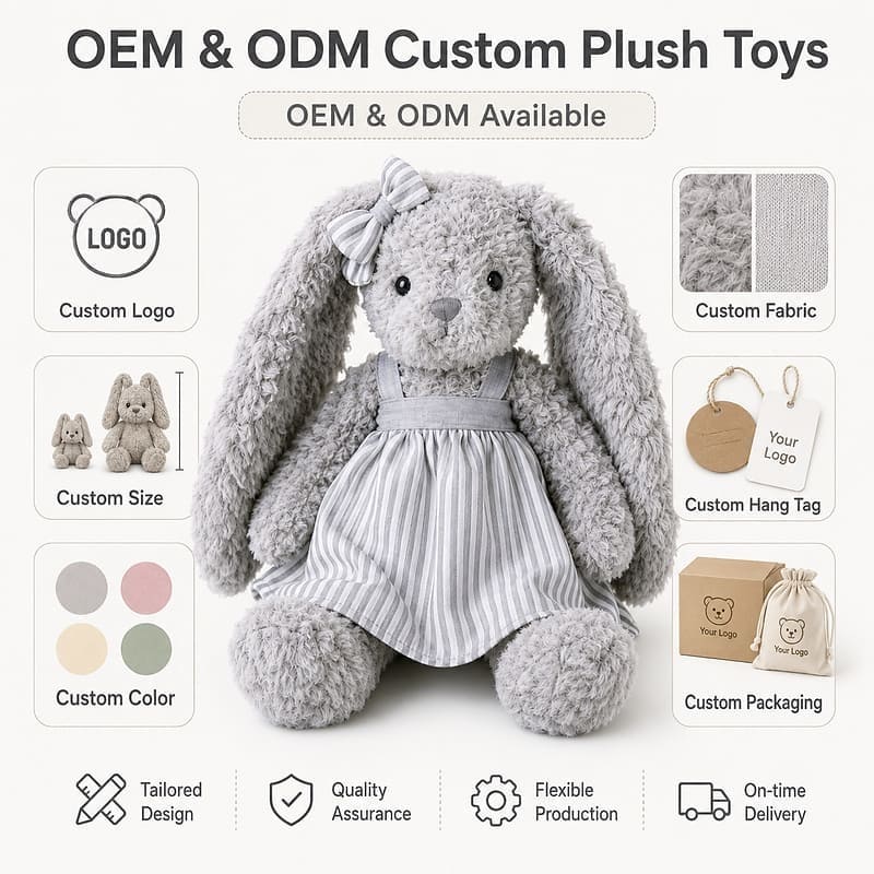 Gray long ear bunny plush doll for custom retail and oem plush collections embroidered detail