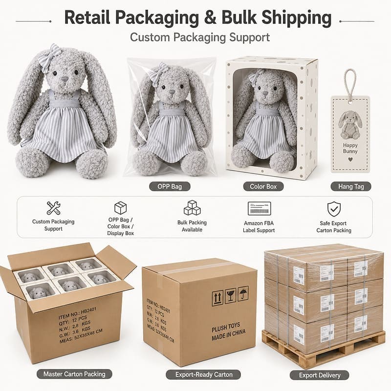 Gray long ear bunny plush doll for custom retail and oem plush collections design detail