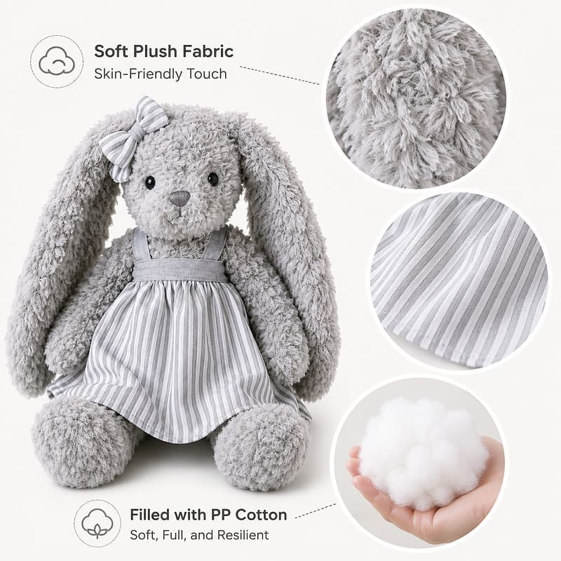 Gray long ear bunny plush doll for custom retail and oem plush collections size reference