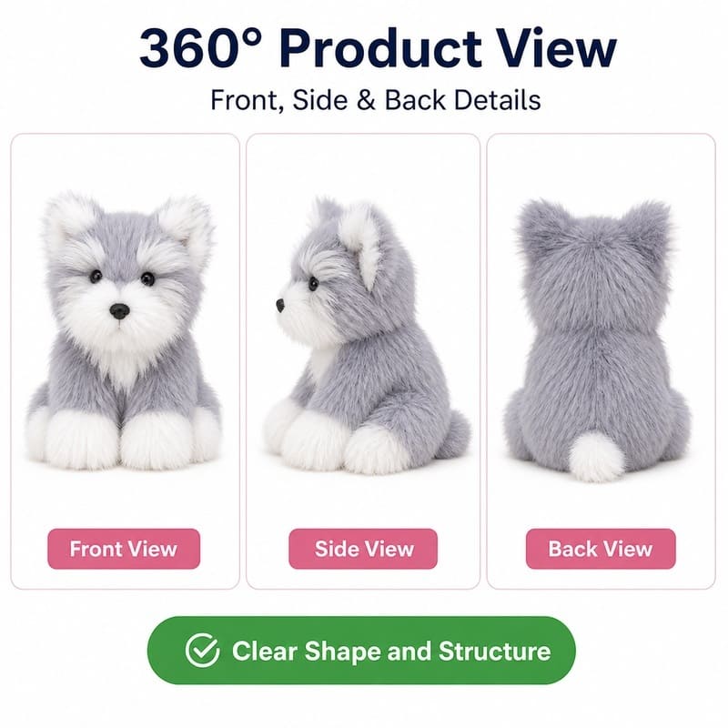 Gray white longhair kitten plush toy front side back view