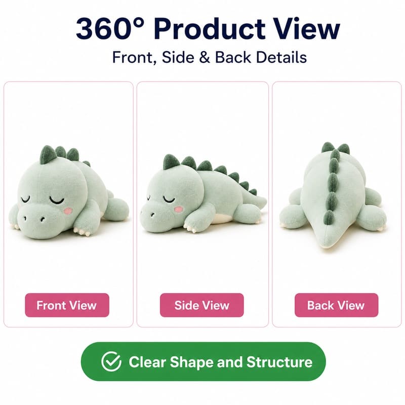 Green alligator plush toy front side back view
