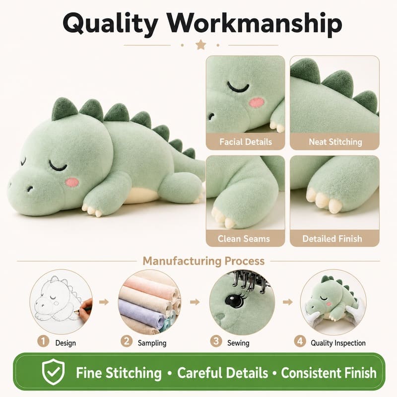 Green alligator plush toy embroidered detail