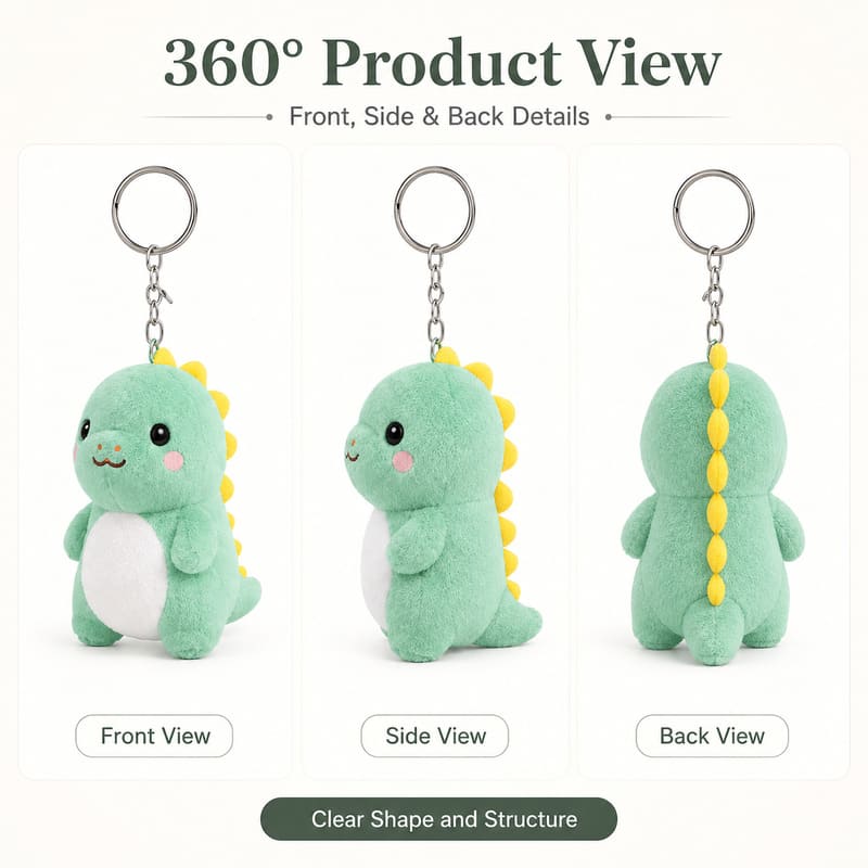 Green dinosaur plush keychain front side back view