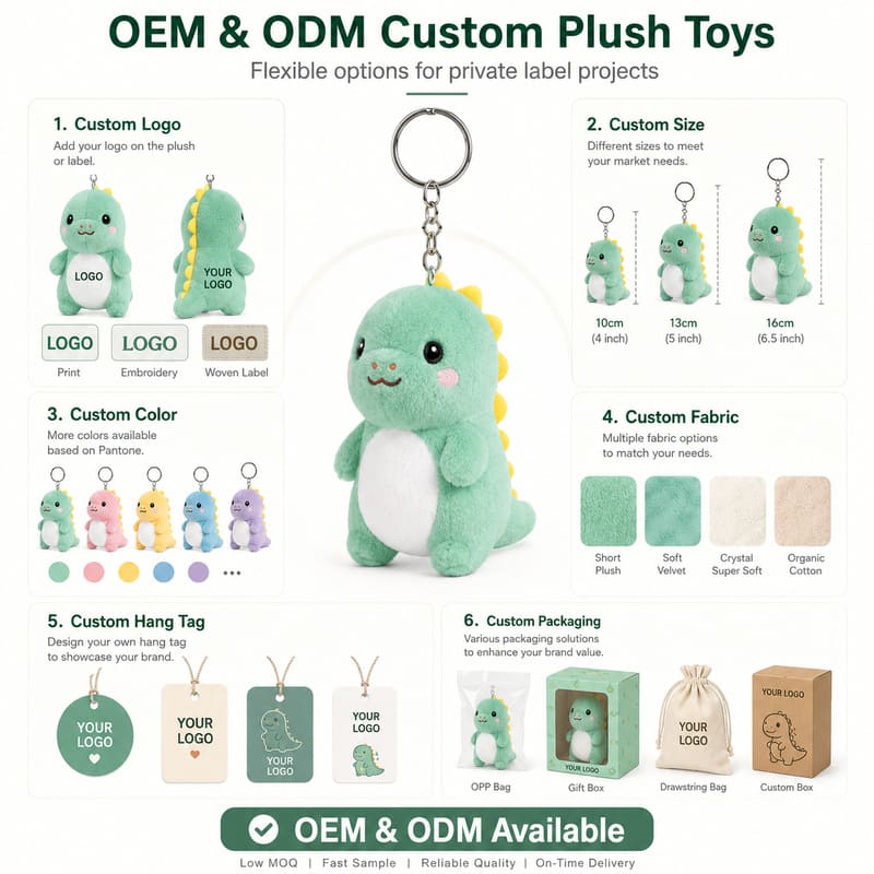 Green dinosaur plush keychain embroidered detail