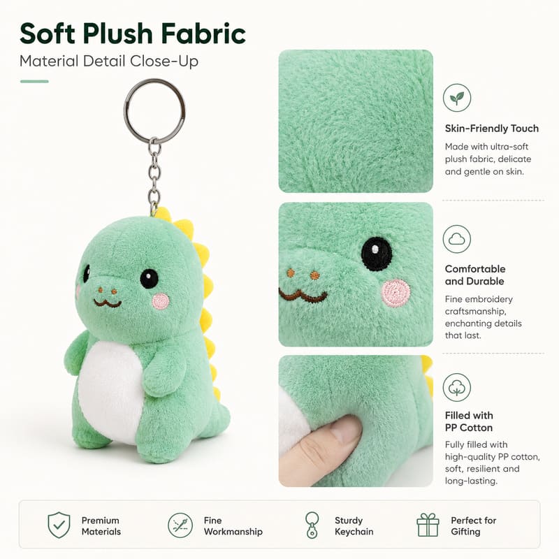 Green dinosaur plush keychain size reference