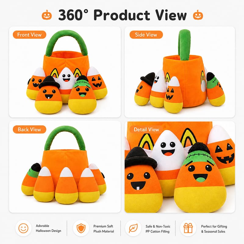 Halloween plush candy basket set front side back view