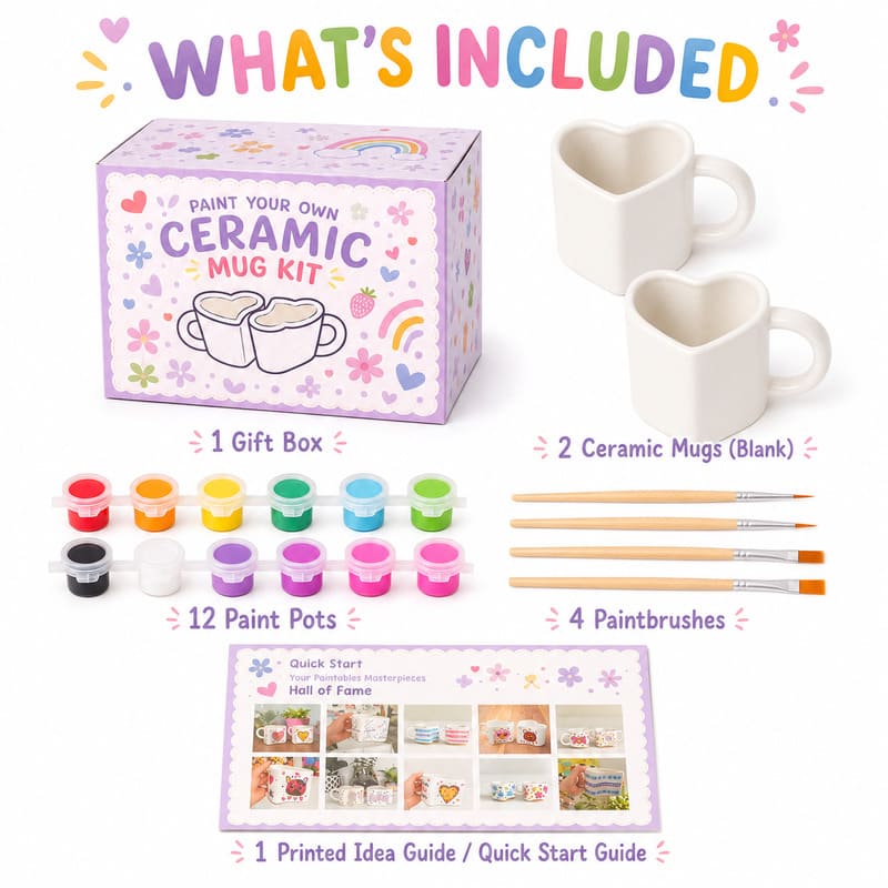 Heart rainbow paint your own mug kit front side back view