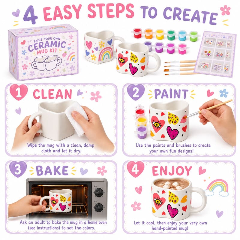 Heart rainbow paint your own mug kit size reference