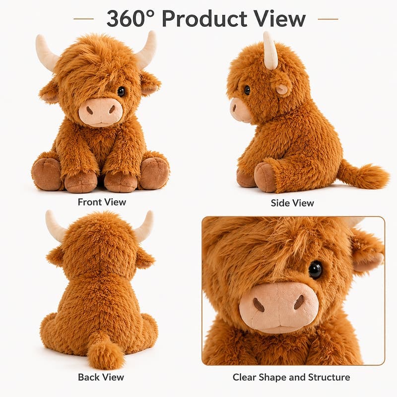 Highland cow plush toy front side back view