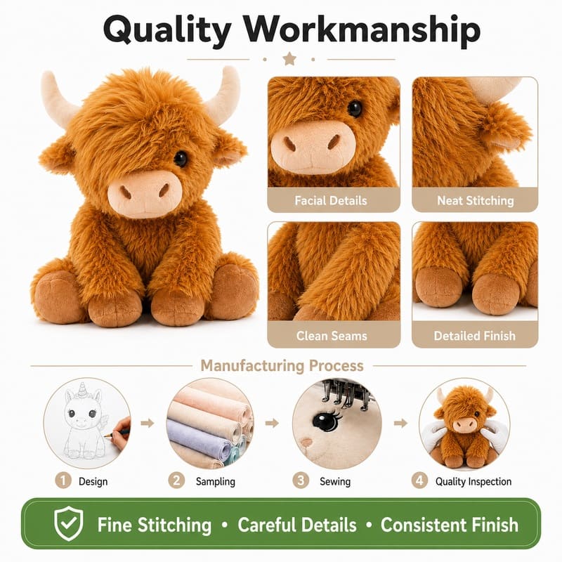 Highland cow plush toy embroidered detail