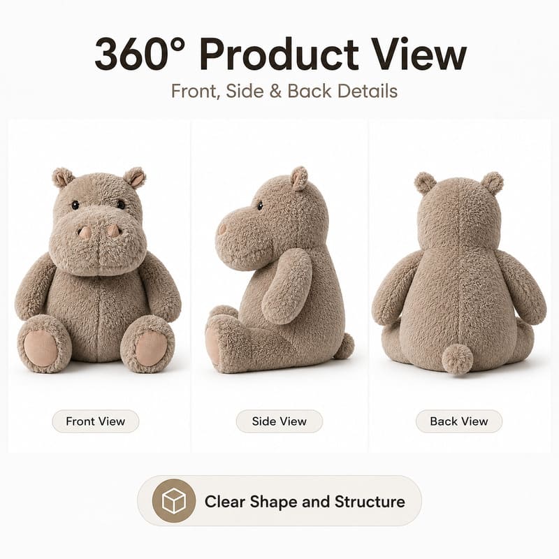 Hippo plush toy front side back view
