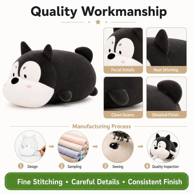 Husky dog plush toy embroidered detail