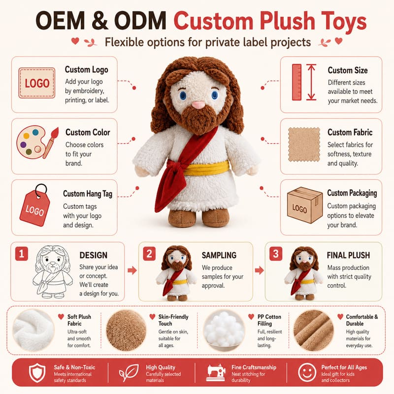 Jesus plush doll for custom retail and oem plush collections embroidered detail