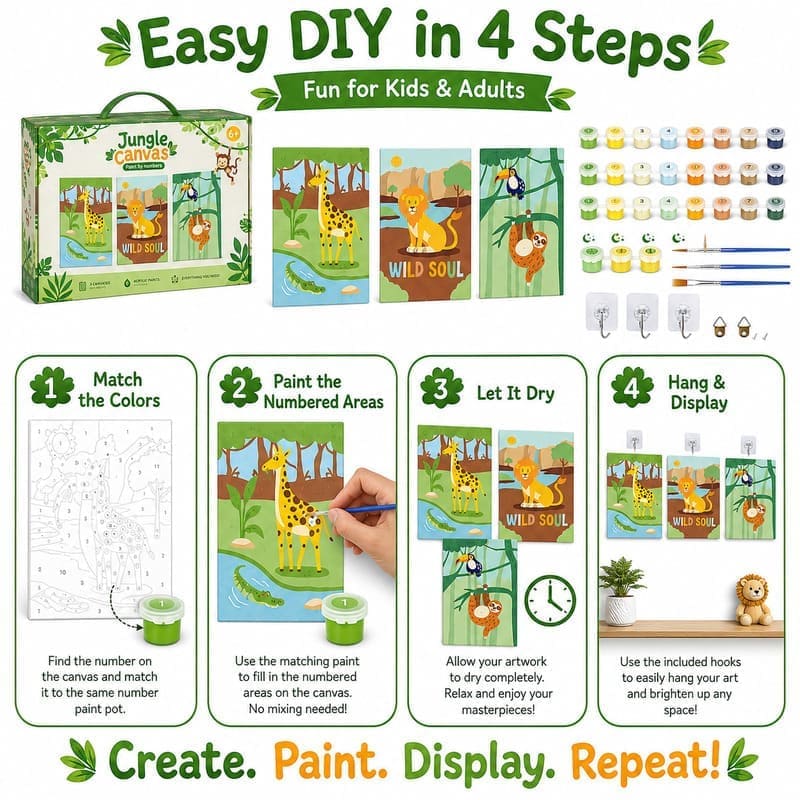 Jungle animal paint by numbers kit for kids size reference