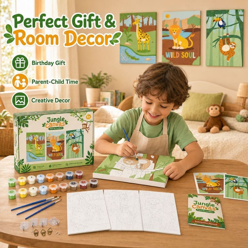 Jungle animal paint by numbers kit for kids stitching detail