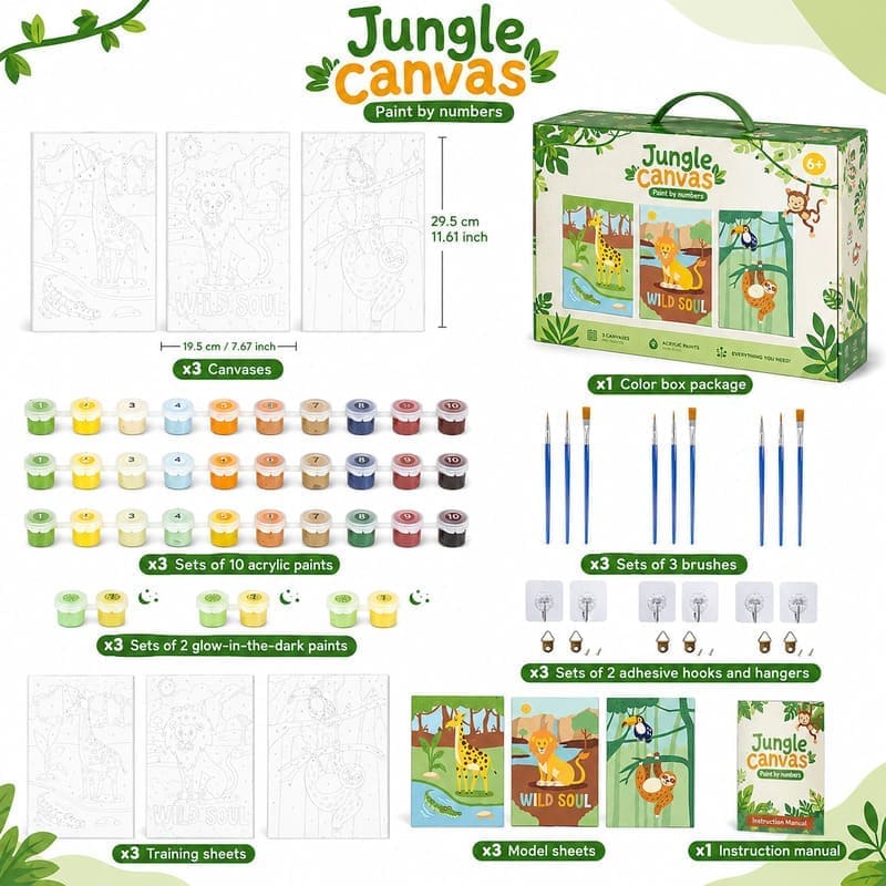 Jungle animal paint by numbers kit for kids front side back view