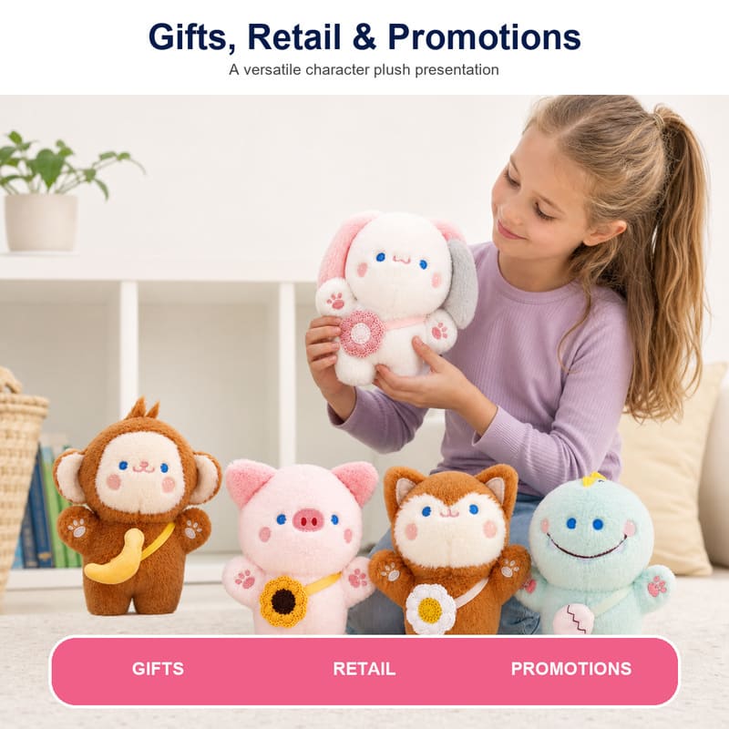 Kawaii animal plush doll set for custom retail and oem plush collections stitching detail
