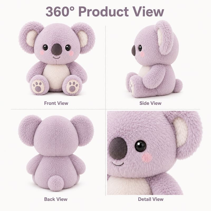 Koala plush toy front side back view