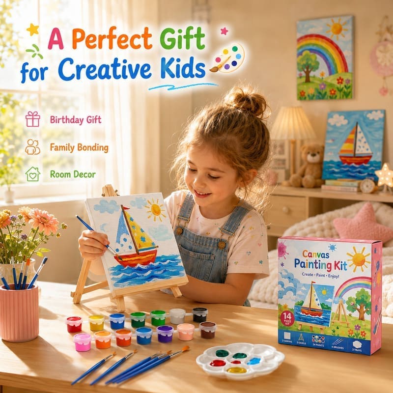 Landscape canvas painting kit for kids stitching detail