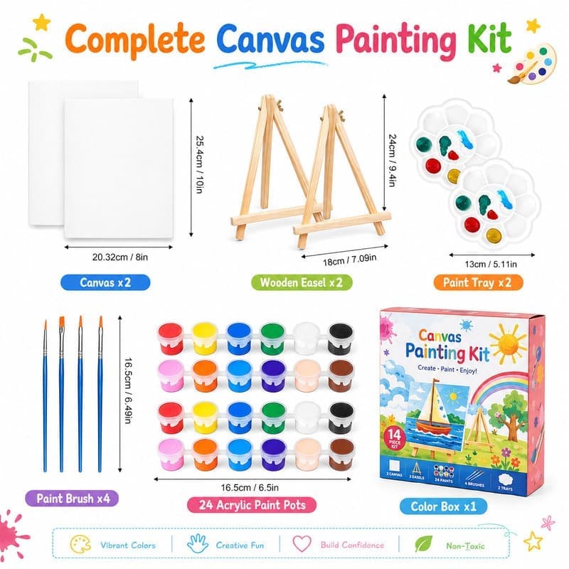 Landscape canvas painting kit for kids front side back view