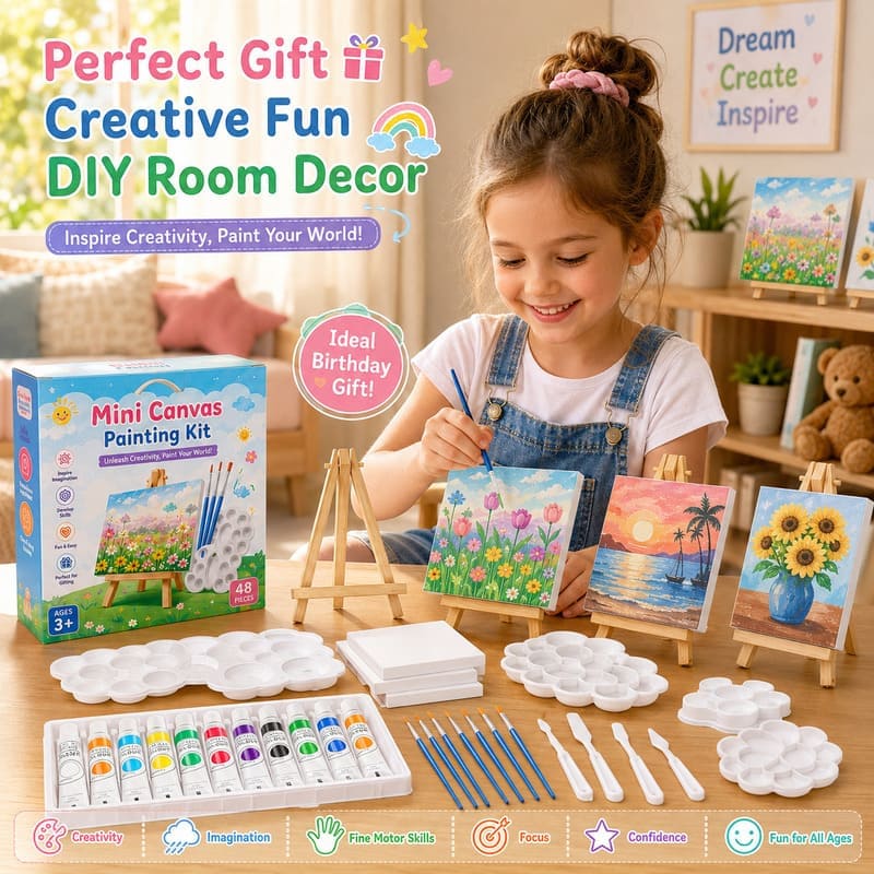 Landscape mini canvas painting kit with easels stitching detail
