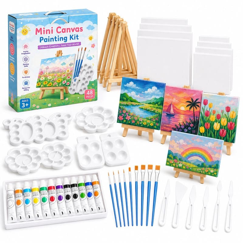 Landscape mini canvas painting kit with easels front view