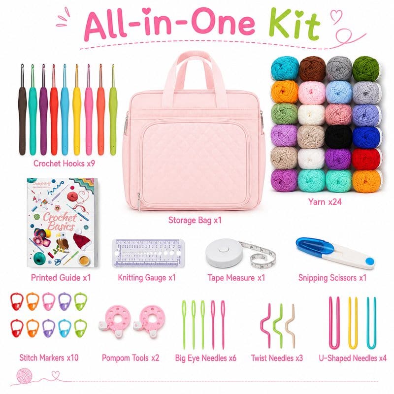 Large pink crochet kit with yarn storage bag front side back view