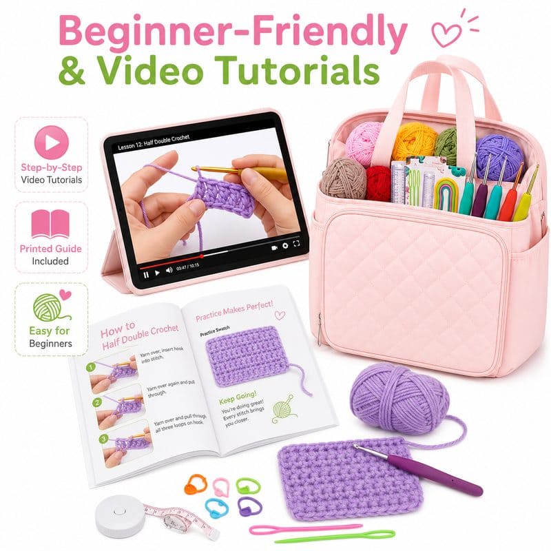 Large pink crochet kit with yarn storage bag size reference