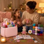Large pink crochet kit with yarn storage bag stitching detail