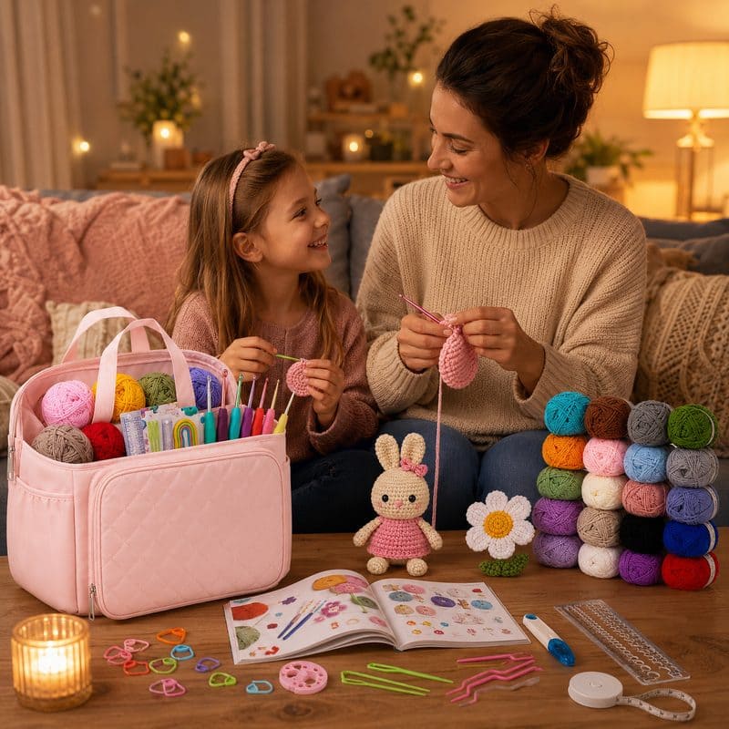 Large pink crochet kit with yarn storage bag stitching detail