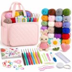 Large pink crochet kit with yarn storage bag front view